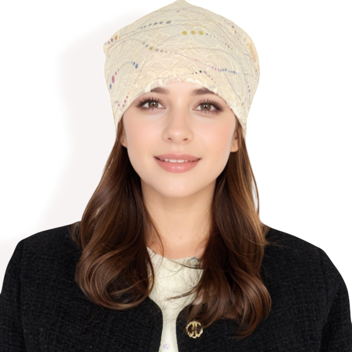 Lace Slouchy Beanie with Floral Pattern and Sparkling Rhinestone Details
