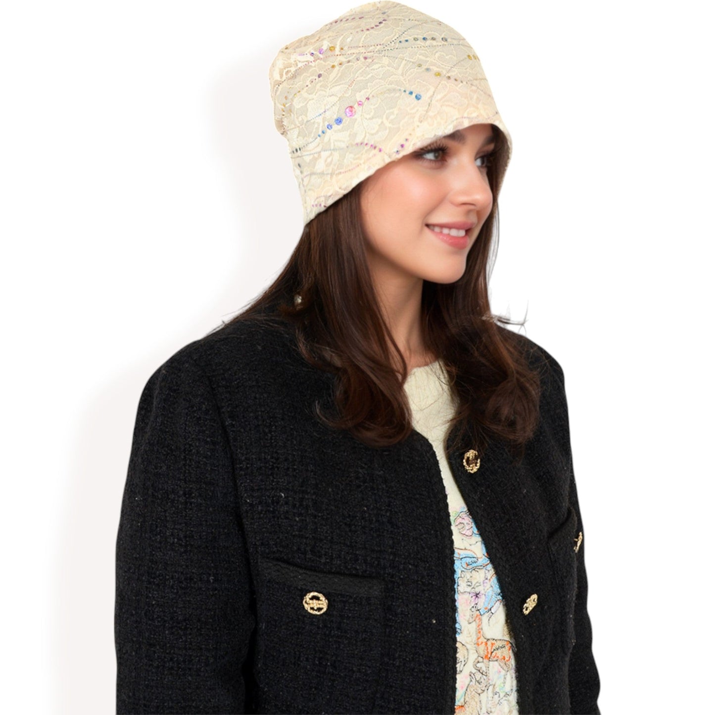 Lace Slouchy Beanie with Floral Pattern and Sparkling Rhinestone Details