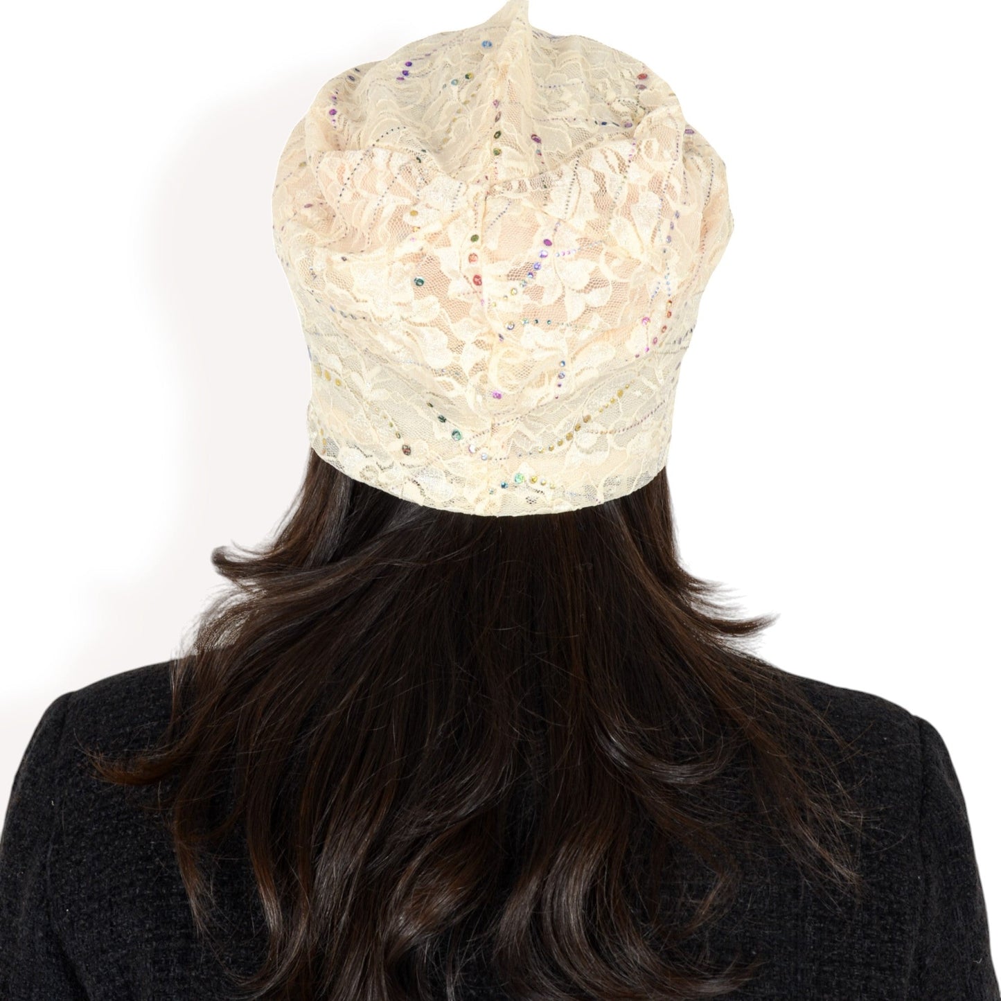 Lace Slouchy Beanie with Floral Pattern and Sparkling Rhinestone Details