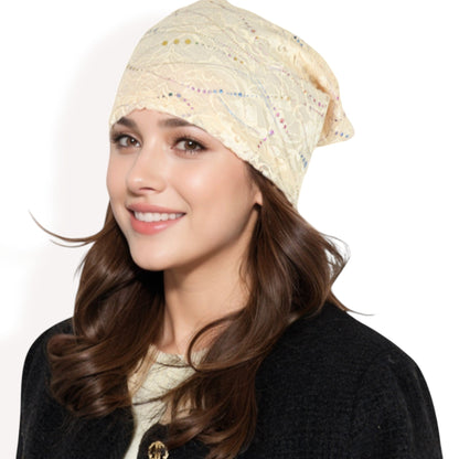 Lace Slouchy Beanie with Floral Pattern and Sparkling Rhinestone Details