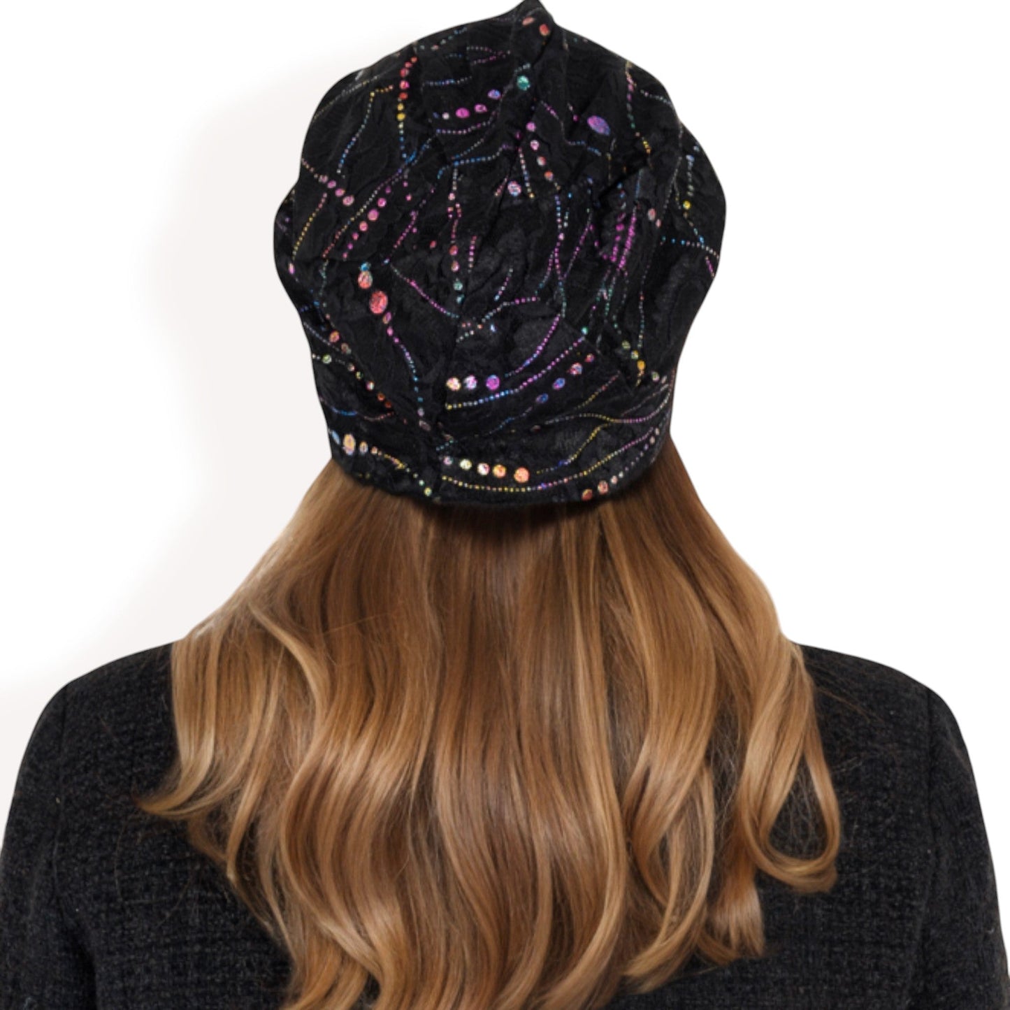 Lace Slouchy Beanie with Floral Pattern and Sparkling Rhinestone Details