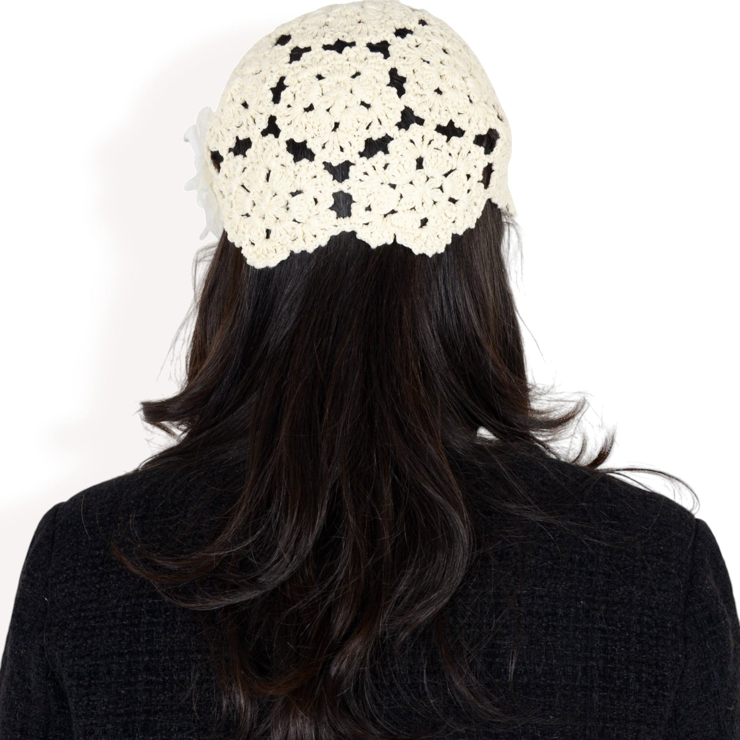 Handmade Crochet Lace Cap with Floral Appliques and Elegant Vintage-Inspired Design
