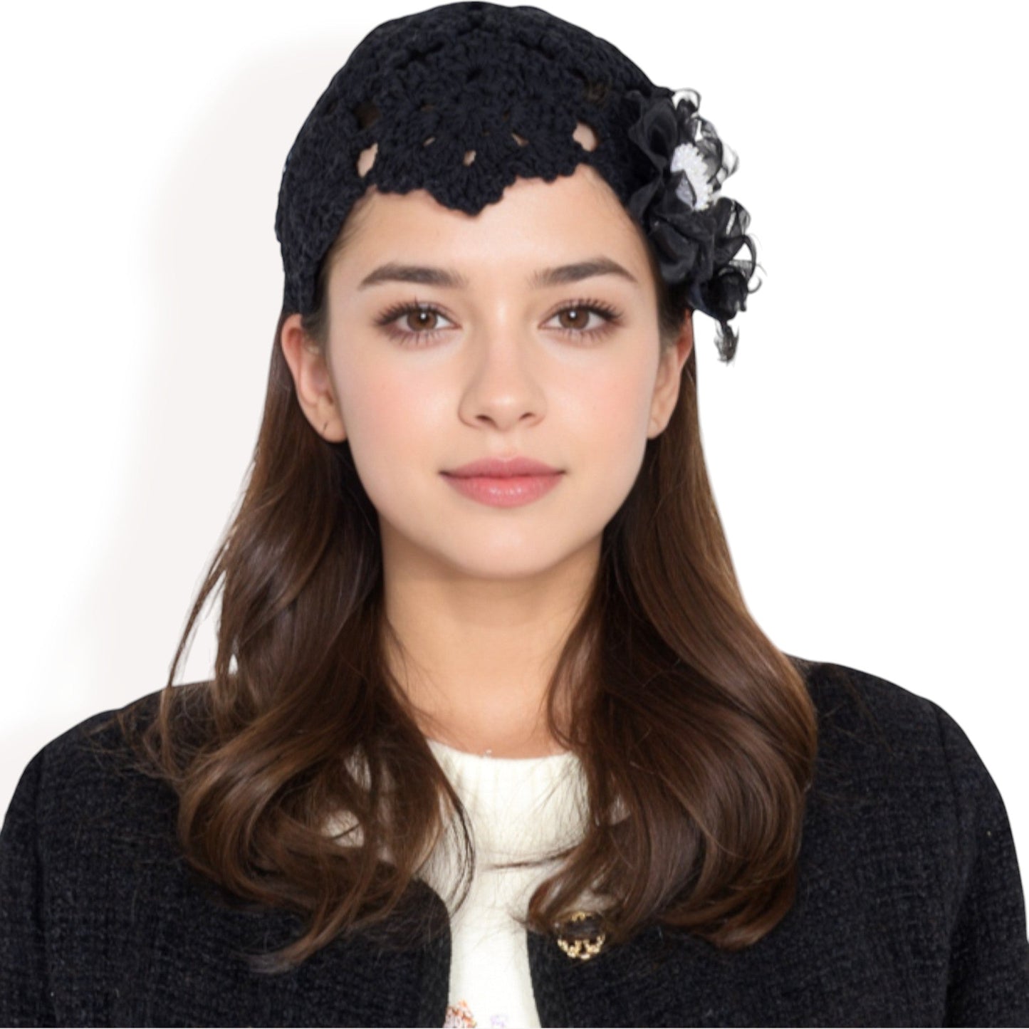 Handmade Crochet Lace Cap with Floral Appliques and Elegant Vintage-Inspired Design