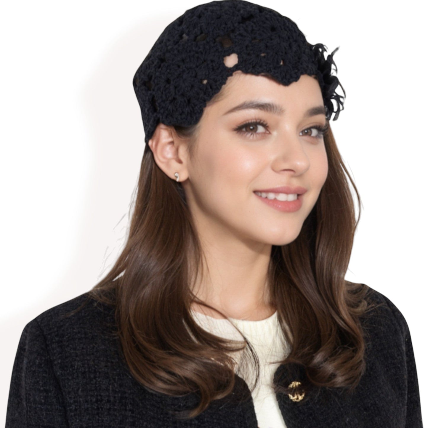 Handmade Crochet Lace Cap with Floral Appliques and Elegant Vintage-Inspired Design