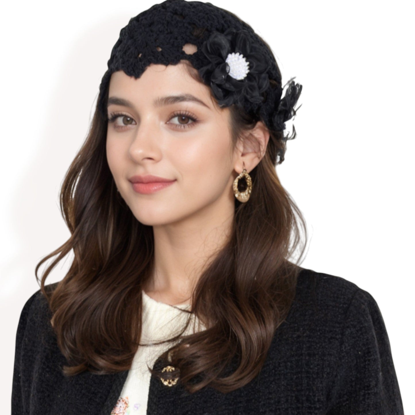 Handmade Crochet Lace Cap with Floral Appliques and Elegant Vintage-Inspired Design