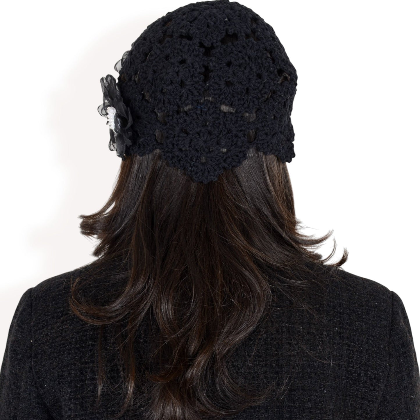Handmade Crochet Lace Cap with Floral Appliques and Elegant Vintage-Inspired Design