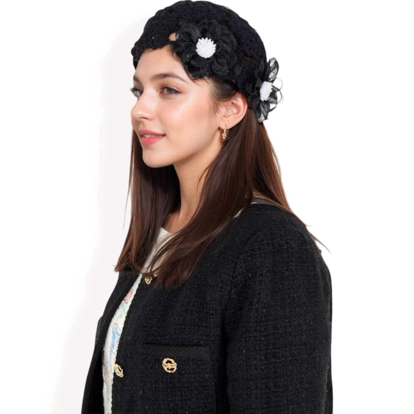Handmade Crochet Lace Cap with Floral Appliques and Elegant Vintage-Inspired Design