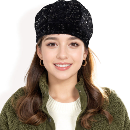 Sequin Velvet Beret with Sparkling Embellishments and Comfortable Satin-Lined Interior