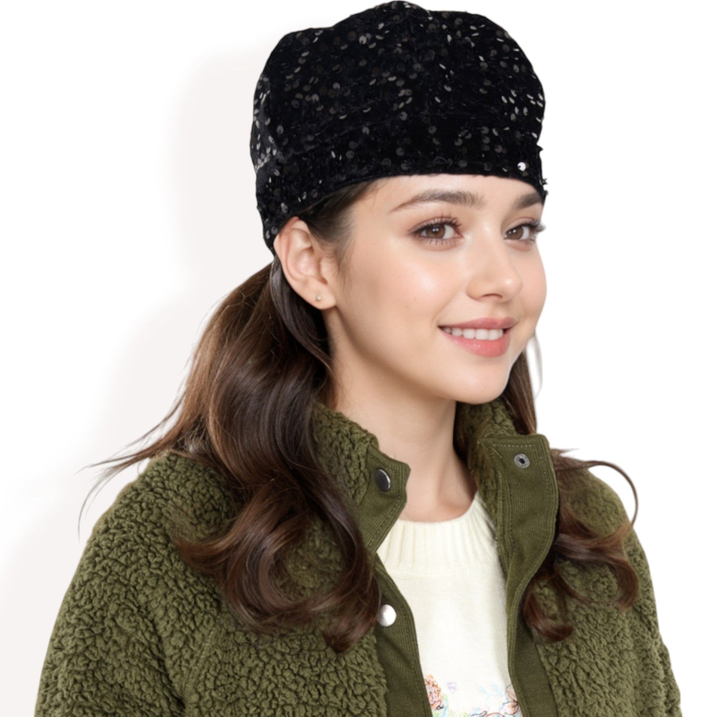 Sequin Velvet Beret with Sparkling Embellishments and Comfortable Satin-Lined Interior