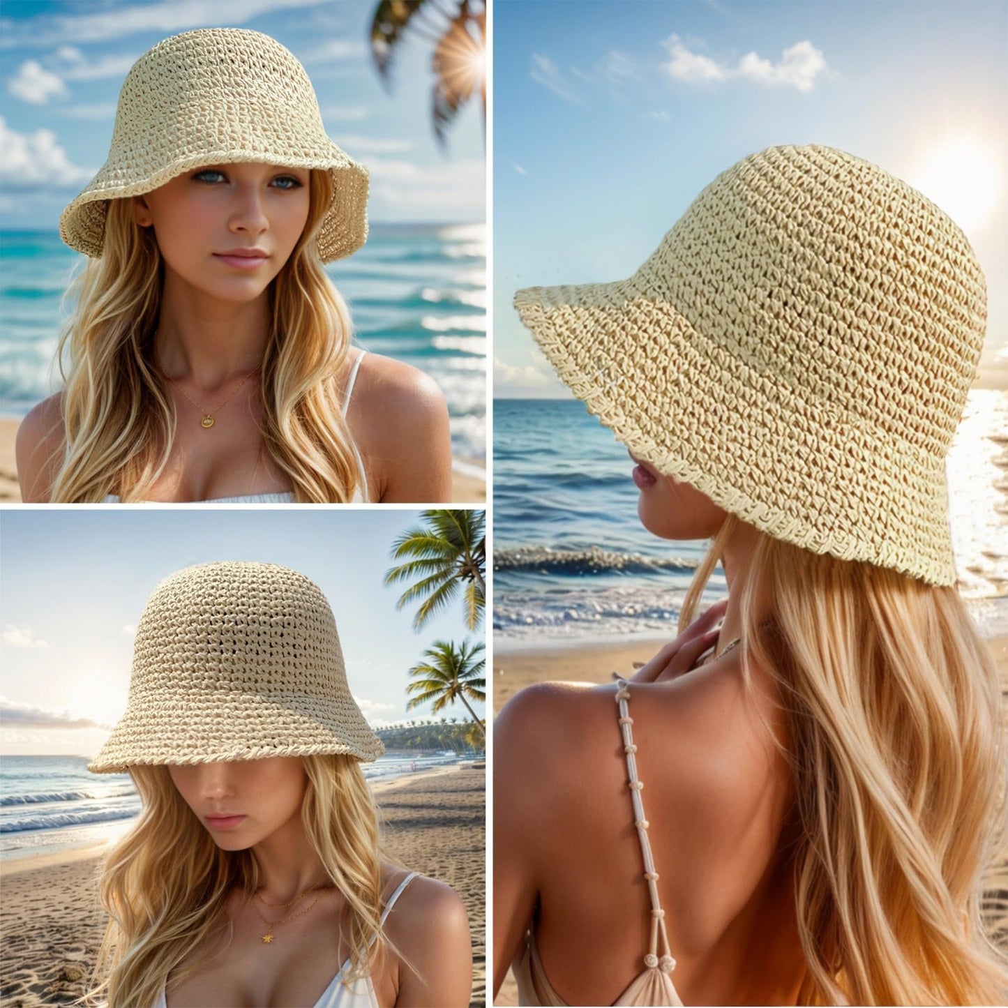 Crochet Raffia Bucket Hat Lightweight Foldable Wide Brim Sun Hat for Stylish Summer Protection