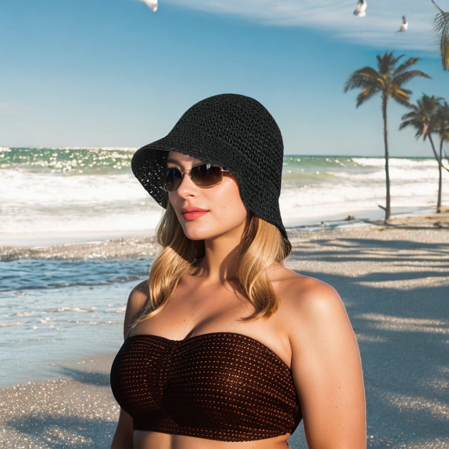 Crochet Raffia Bucket Hat Lightweight Foldable Wide Brim Sun Hat for Stylish Summer Protection