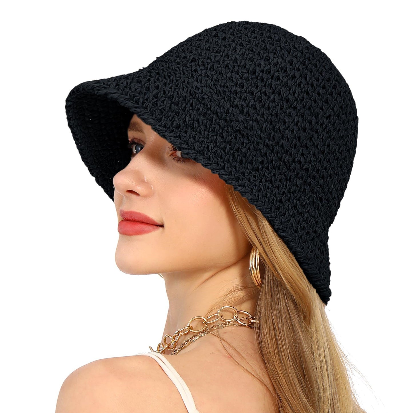Crochet Raffia Bucket Hat Lightweight Foldable Wide Brim Sun Hat for Stylish Summer Protection