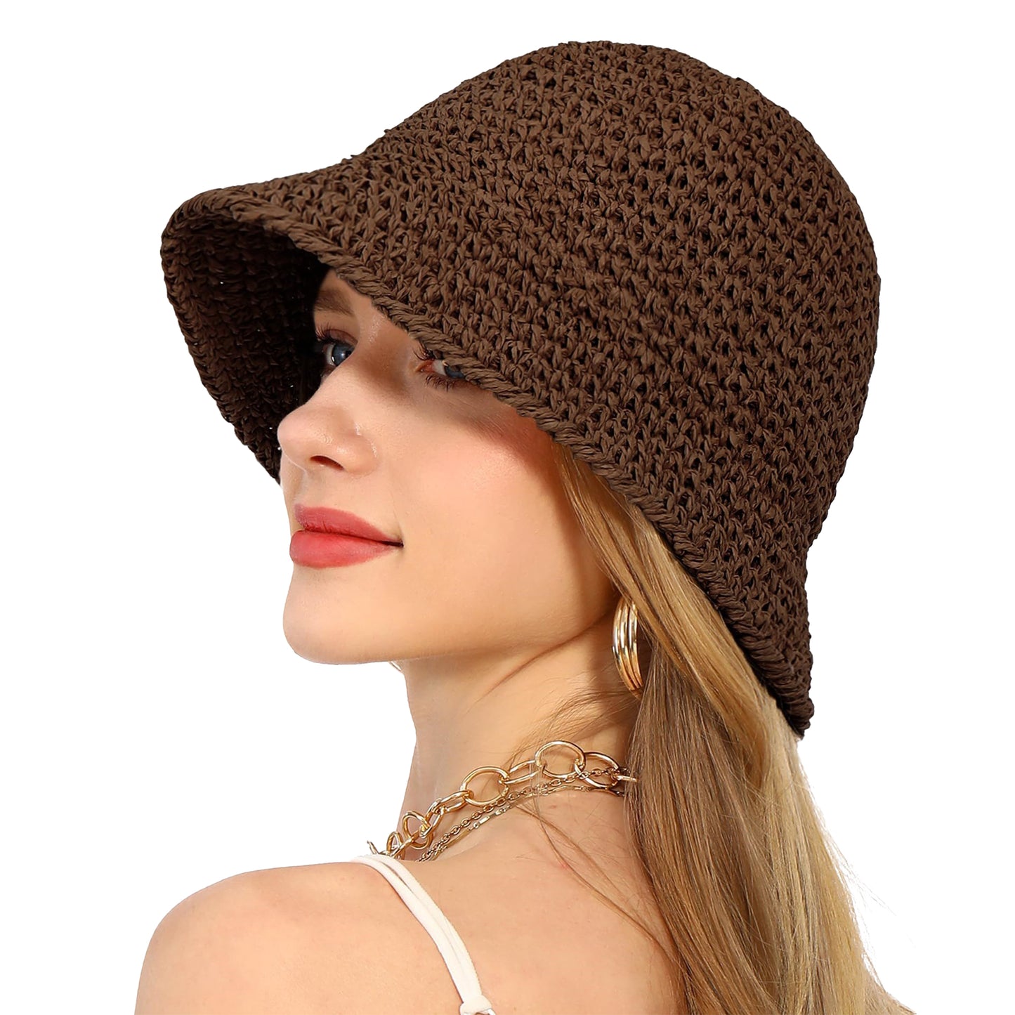 Crochet Raffia Bucket Hat Lightweight Foldable Wide Brim Sun Hat for Stylish Summer Protection