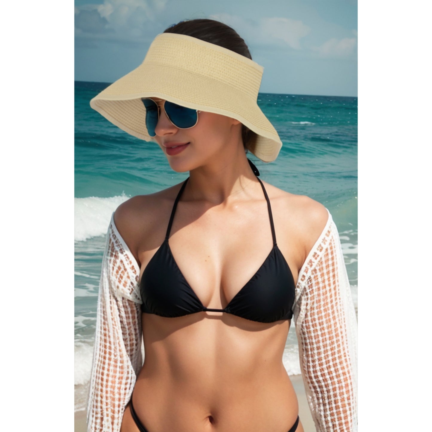 Wide Brim Roll-Up Straw Sun Visor Lightweight Packable Open-Top Beach Hat for UV Protection