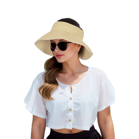 Wide Brim Roll-Up Straw Sun Visor Lightweight Packable Open-Top Beach Hat for UV Protection