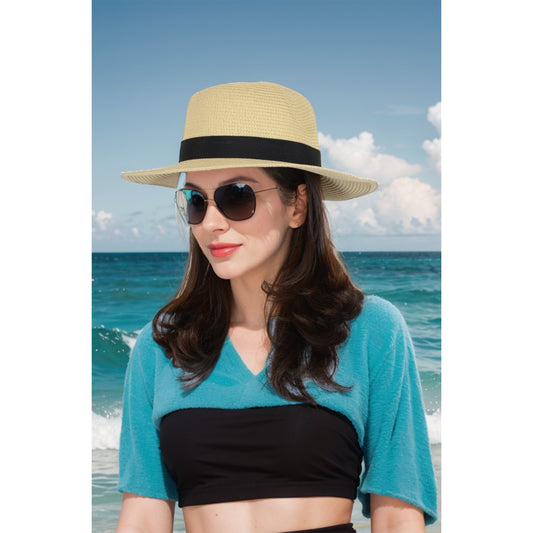 Wide Brim Straw Fedora Sun Hat with Black Band Lightweight Packable Summer Panama Hat for UV Protection