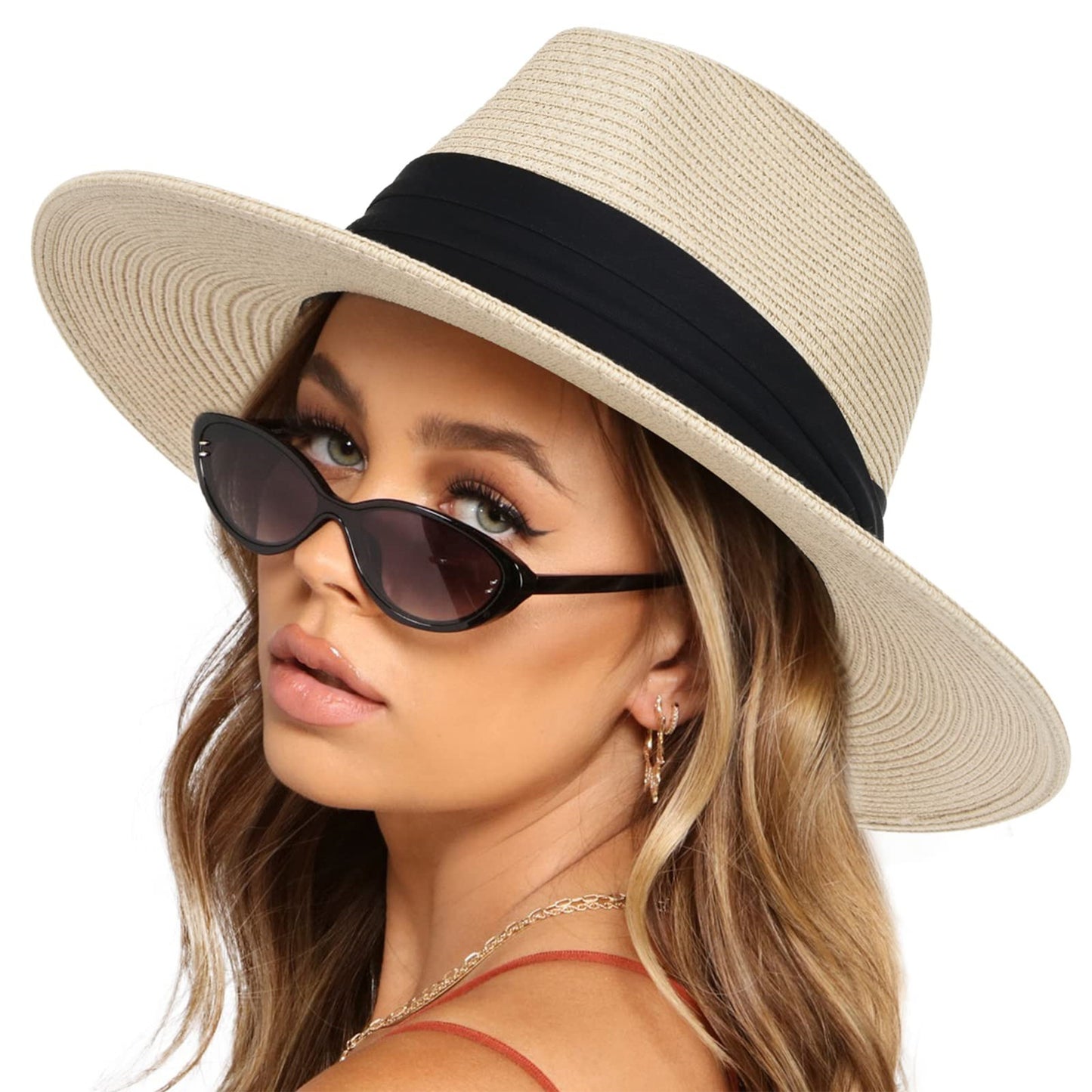 Wide Brim Straw Fedora Sun Hat with Black Band Lightweight Packable Summer Panama Hat for UV Protection