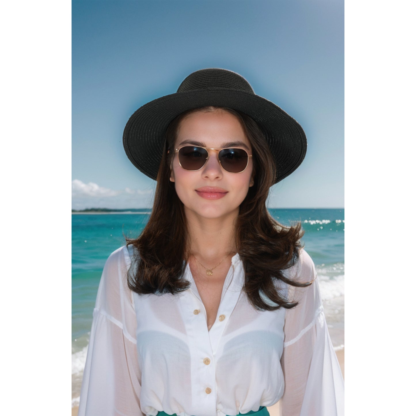 Wide Brim Straw Fedora Sun Hat with Black Band Lightweight Packable Summer Panama Hat for UV Protection