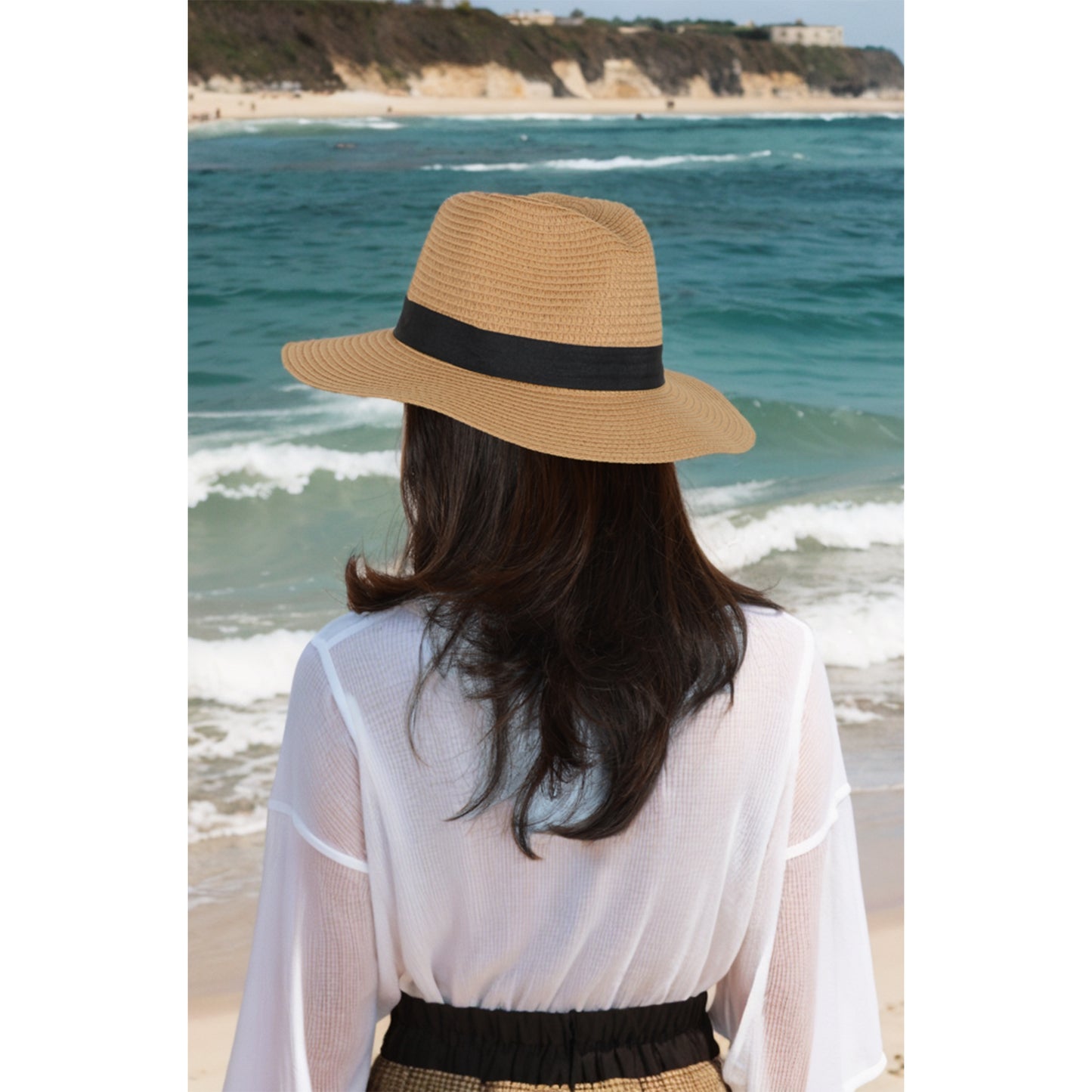 Wide Brim Straw Fedora Sun Hat with Black Band Lightweight Packable Summer Panama Hat for UV Protection