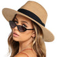 Wide Brim Straw Fedora Sun Hat with Black Band Lightweight Packable Summer Panama Hat for UV Protection