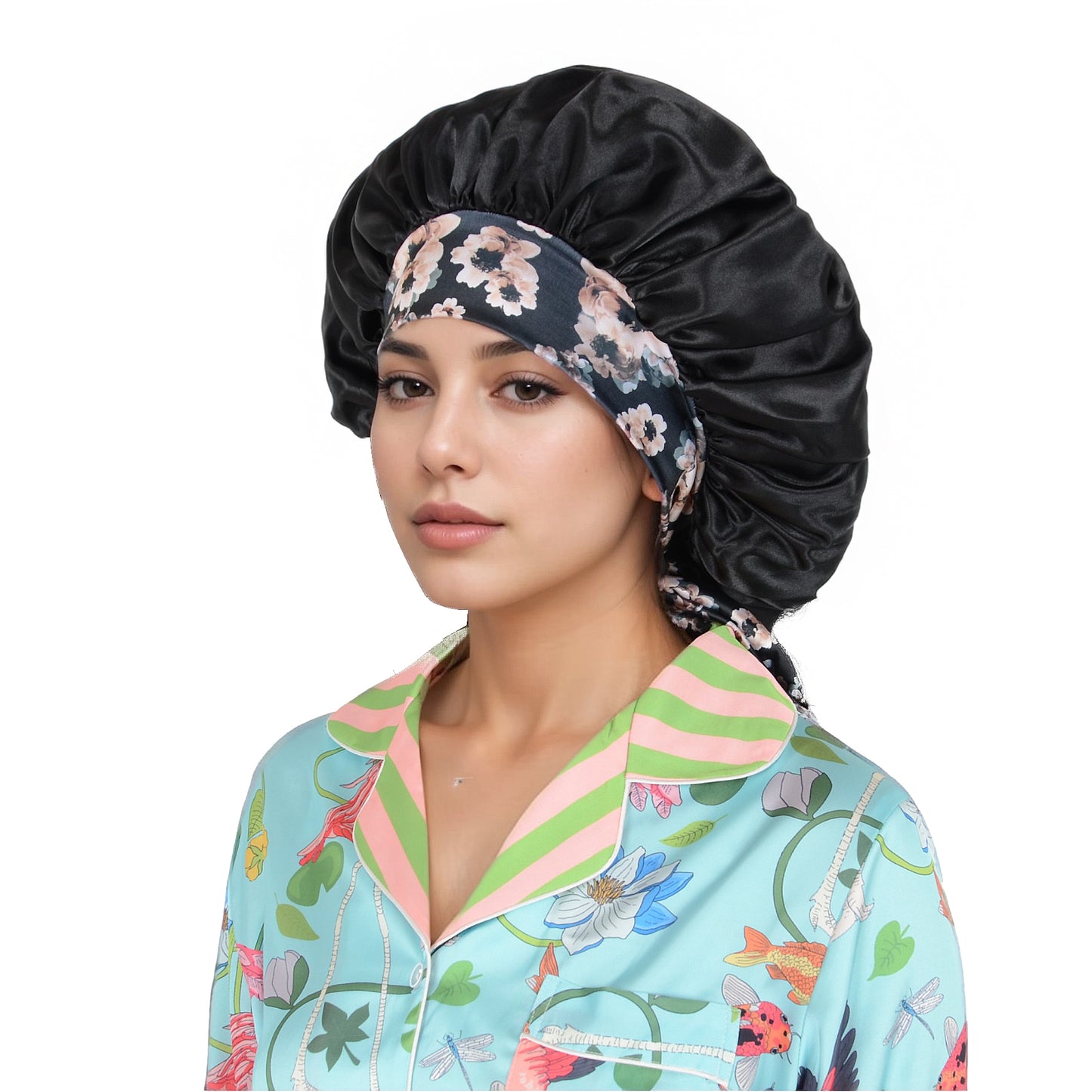 Women Silk Bonnet for Sleeping Satin Lined Hair Bonnet with Floral Tie Band for Curly Hair Protection