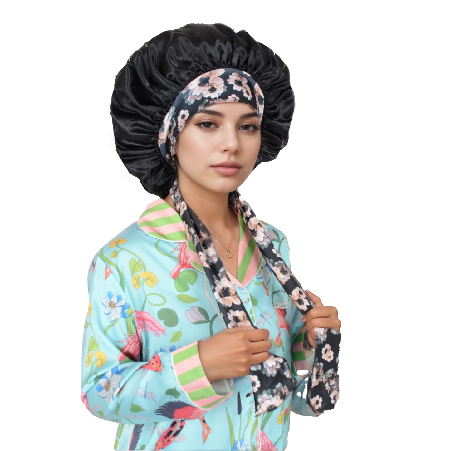Women Silk Bonnet for Sleeping Satin Lined Hair Bonnet with Floral Tie Band for Curly Hair Protection