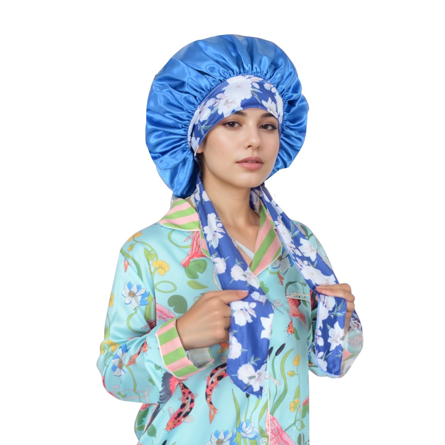 Women Silk Bonnet for Sleeping Satin Lined Hair Bonnet with Floral Tie Band for Curly Hair Protection