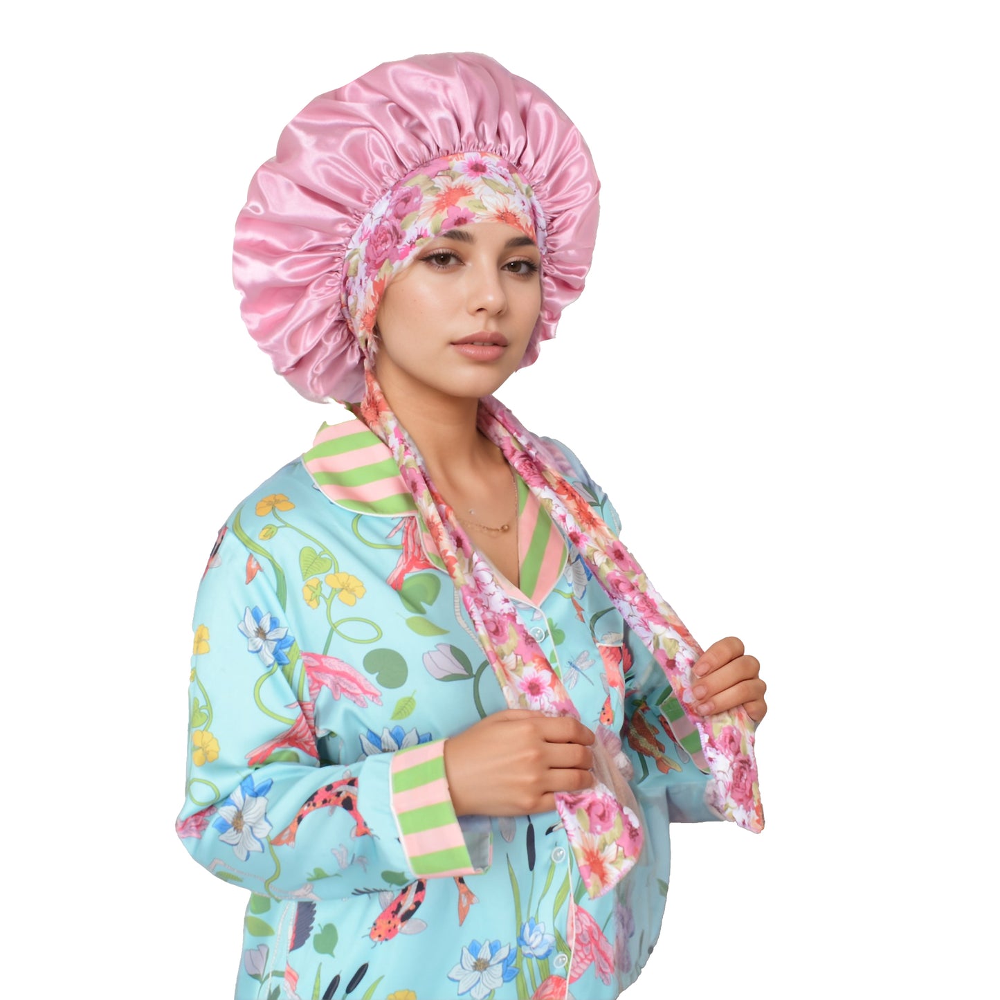 Women Silk Bonnet for Sleeping Satin Lined Hair Bonnet with Floral Tie Band for Curly Hair Protection