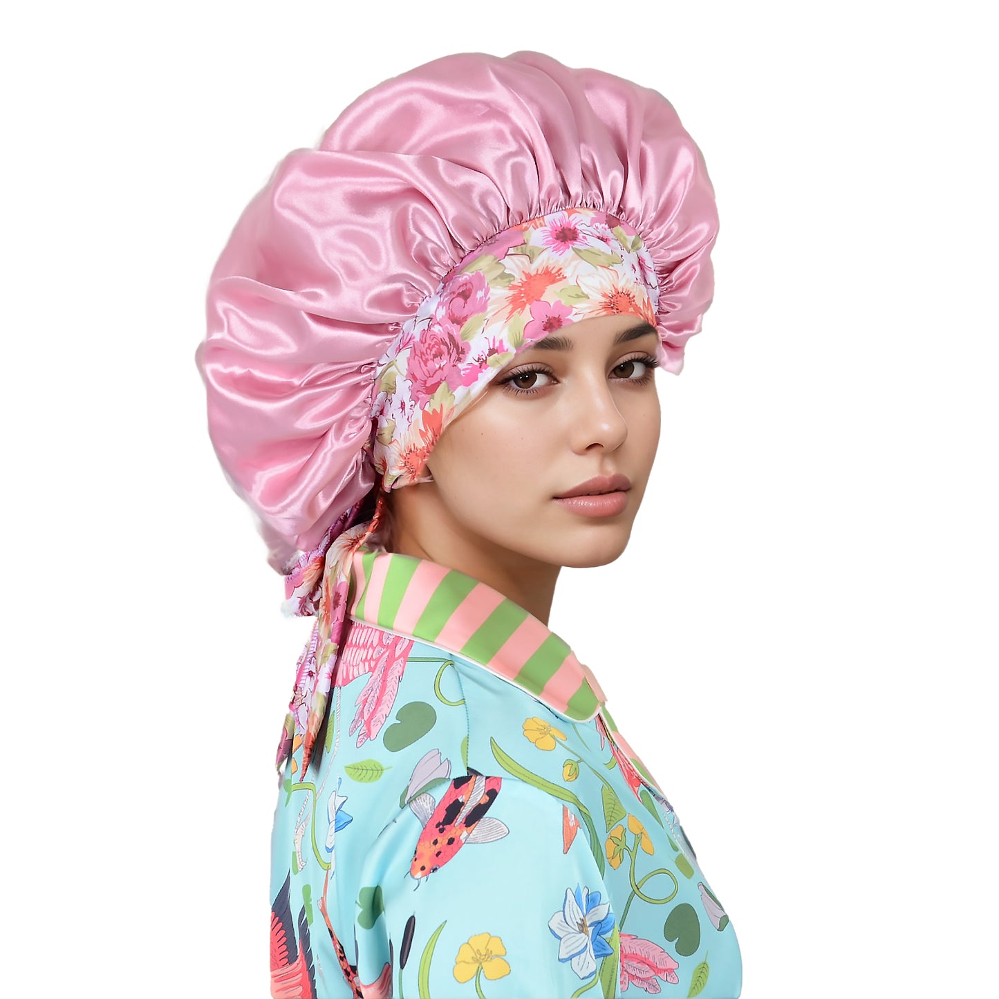 Women Silk Bonnet for Sleeping Satin Lined Hair Bonnet with Floral Tie Band for Curly Hair Protection