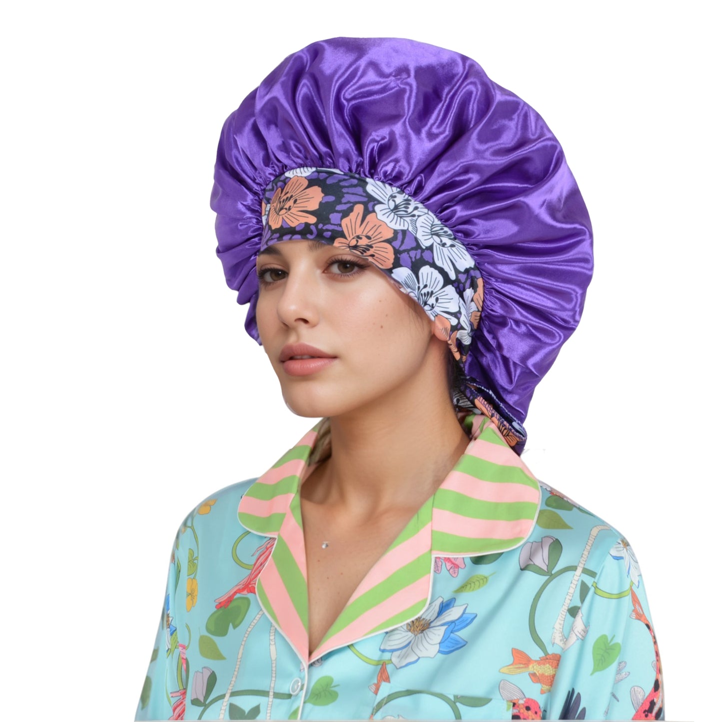 Women Silk Bonnet for Sleeping Satin Lined Hair Bonnet with Floral Tie Band for Curly Hair Protection
