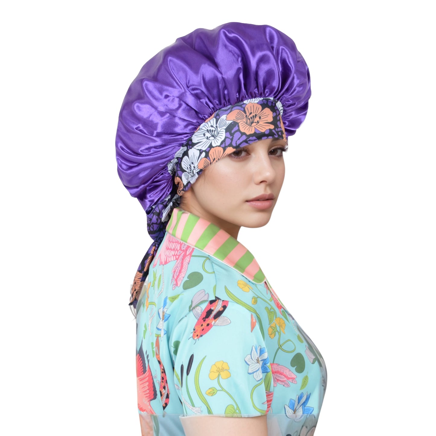 Women Silk Bonnet for Sleeping Satin Lined Hair Bonnet with Floral Tie Band for Curly Hair Protection