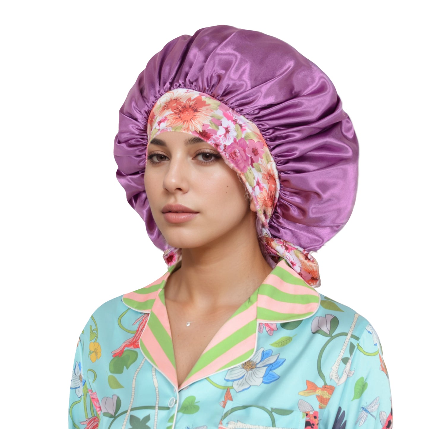 Women Silk Bonnet for Sleeping Satin Lined Hair Bonnet with Floral Tie Band for Curly Hair Protection