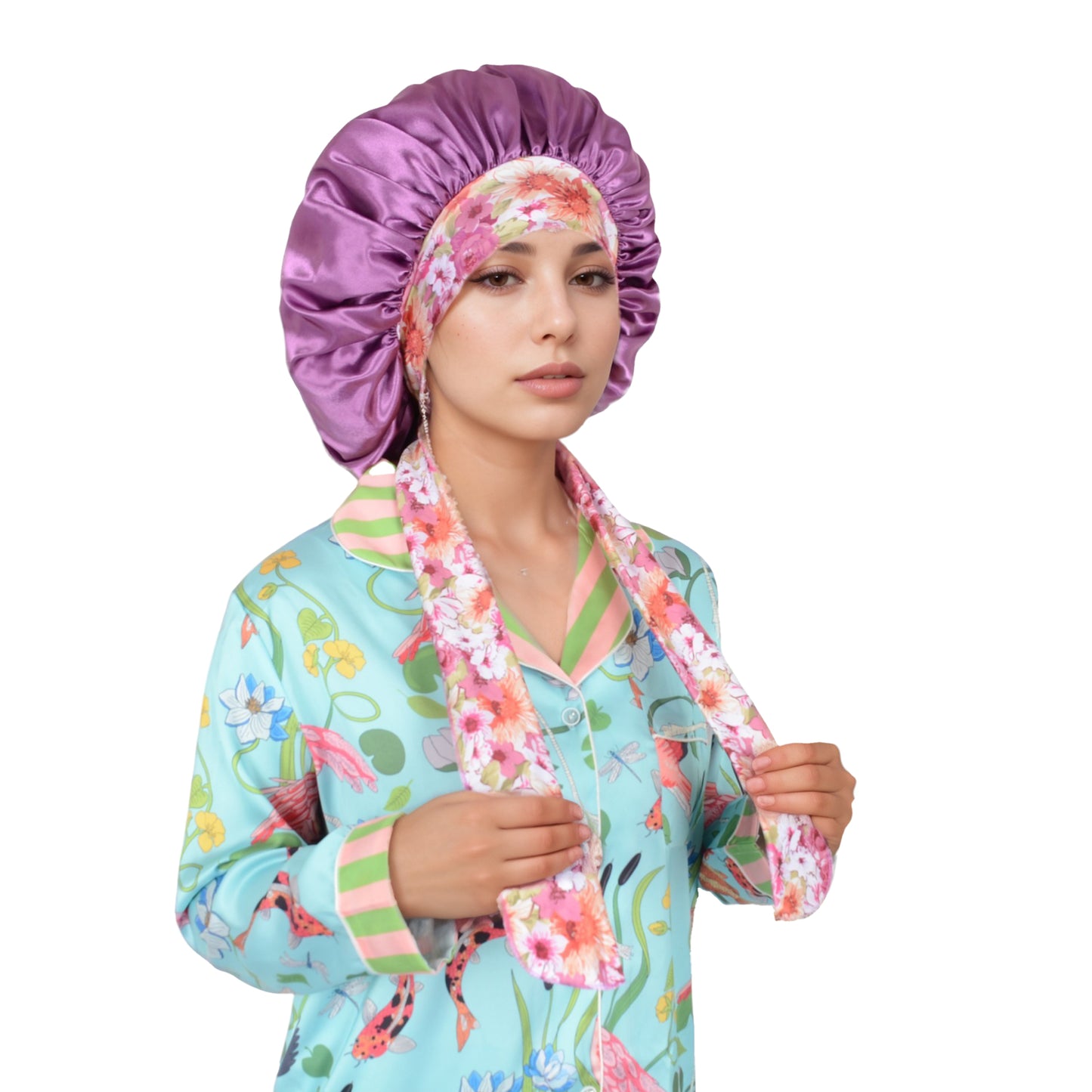 Women Silk Bonnet for Sleeping Satin Lined Hair Bonnet with Floral Tie Band for Curly Hair Protection