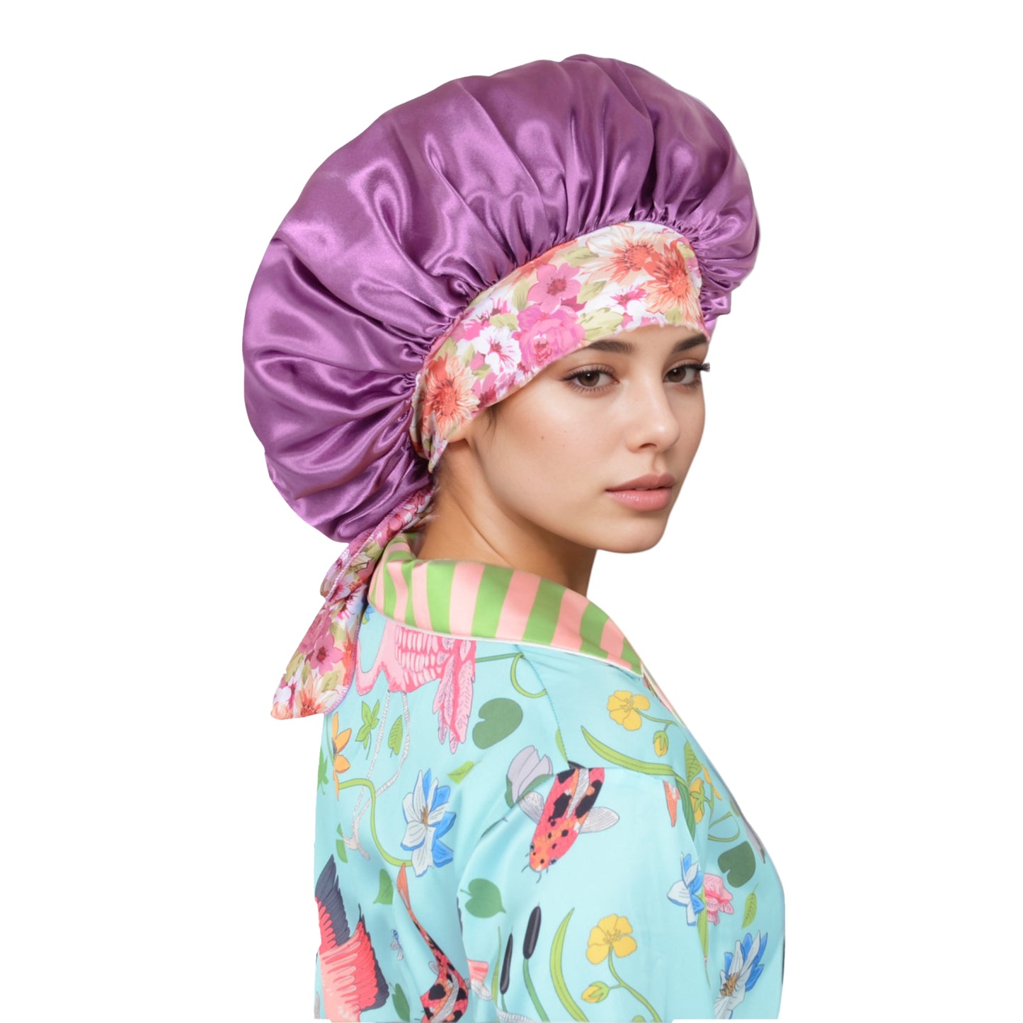 Women Silk Bonnet for Sleeping Satin Lined Hair Bonnet with Floral Tie Band for Curly Hair Protection
