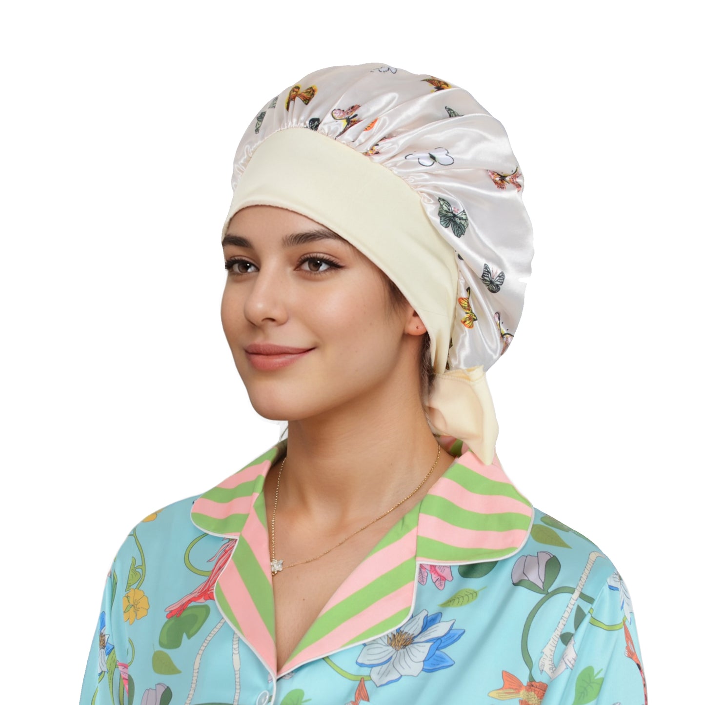 Women Silk Bonnet for Sleeping Satin Hair Bonnet with Butterfly Print and Adjustable Tie Band