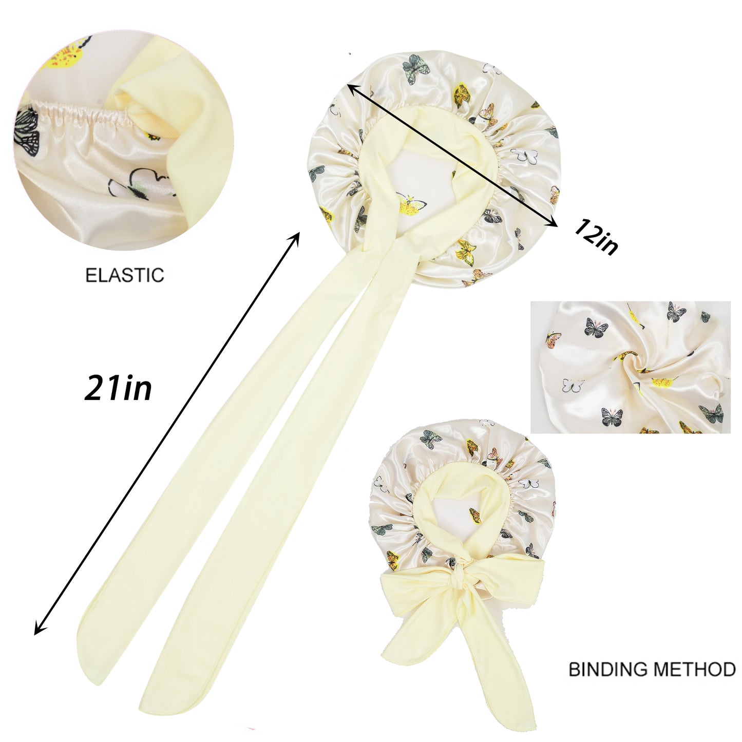 Women Silk Bonnet for Sleeping Satin Hair Bonnet with Butterfly Print and Adjustable Tie Band