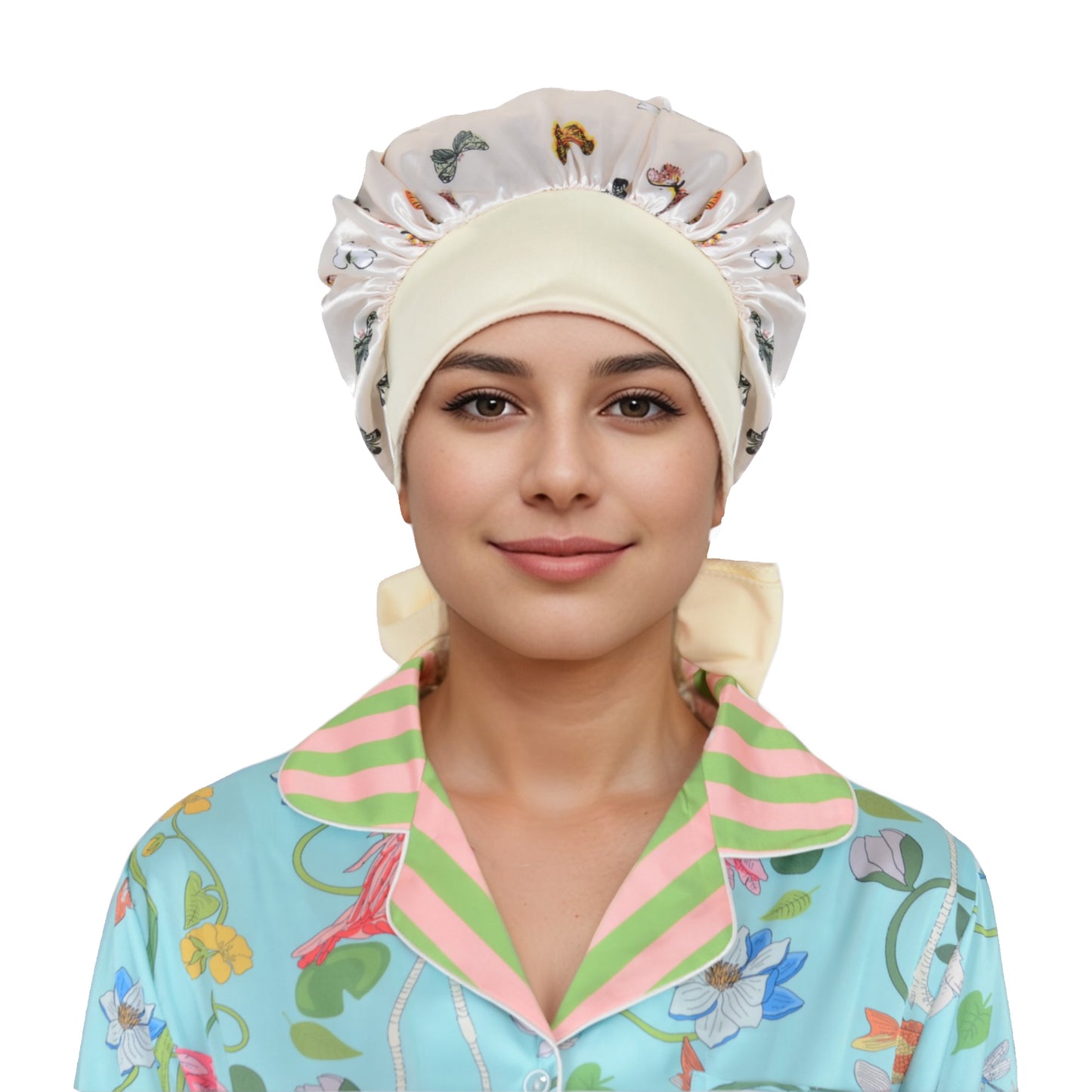 Women Silk Bonnet for Sleeping Satin Hair Bonnet with Butterfly Print and Adjustable Tie Band