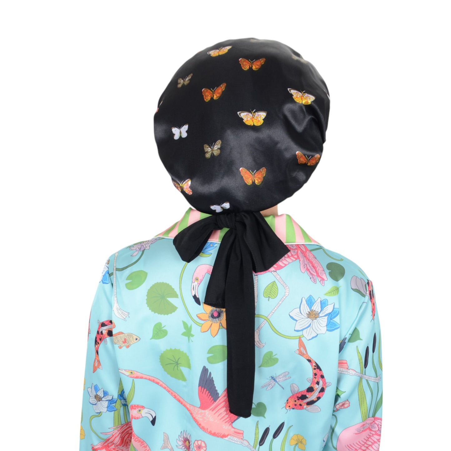 Women Silk Bonnet for Sleeping Satin Hair Bonnet with Butterfly Print and Adjustable Tie Band