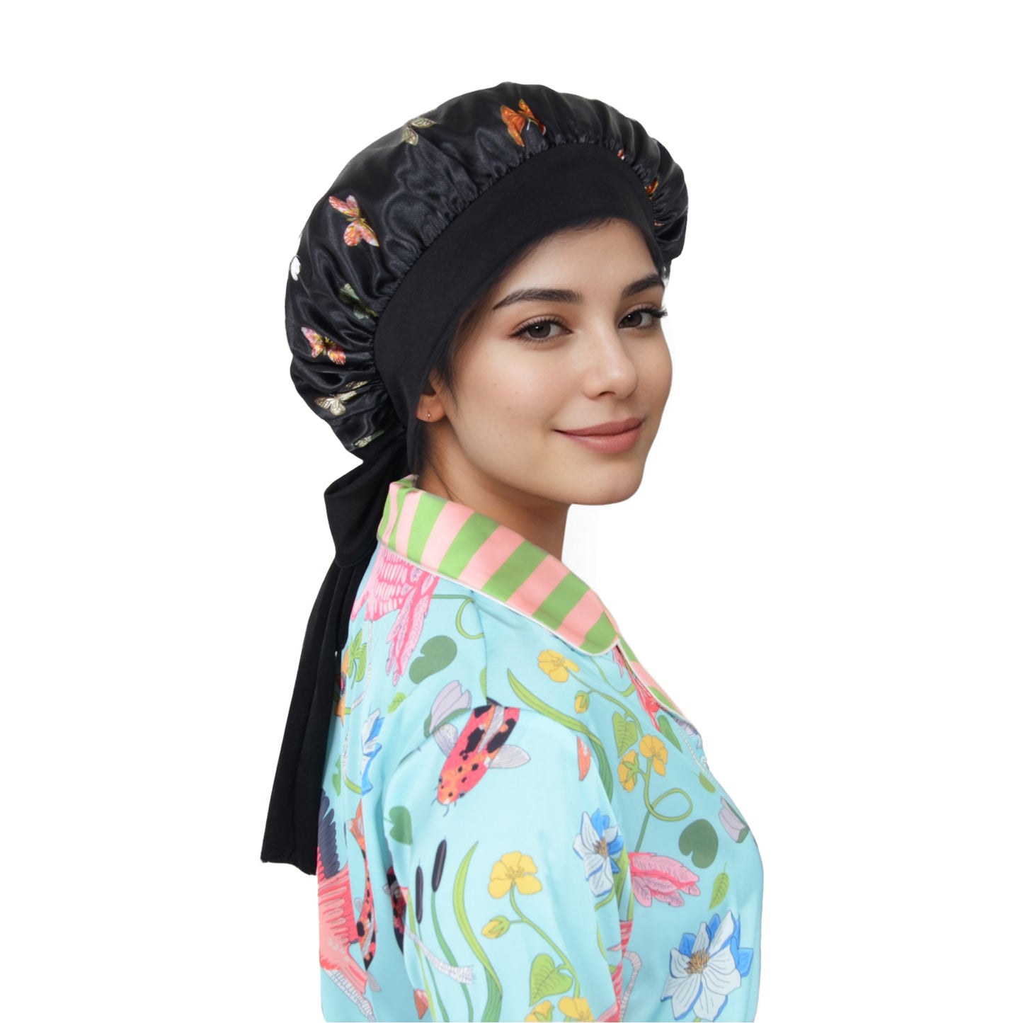 Women Silk Bonnet for Sleeping Satin Hair Bonnet with Butterfly Print and Adjustable Tie Band