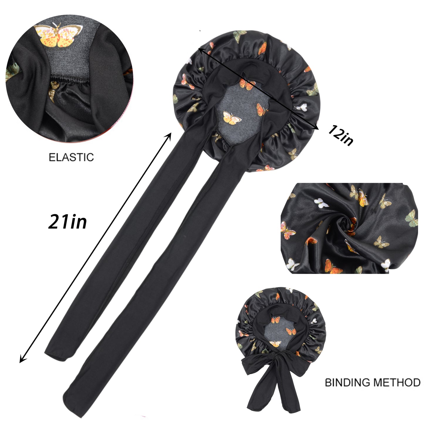 Women Silk Bonnet for Sleeping Satin Hair Bonnet with Butterfly Print and Adjustable Tie Band