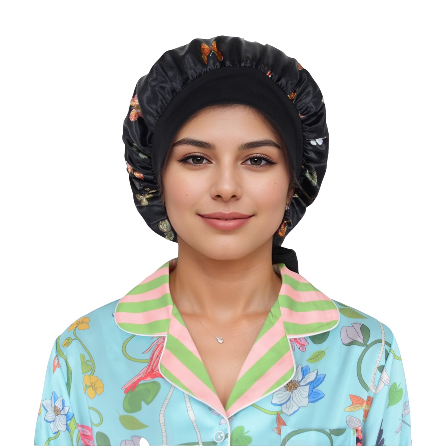 Women Silk Bonnet for Sleeping Satin Hair Bonnet with Butterfly Print and Adjustable Tie Band