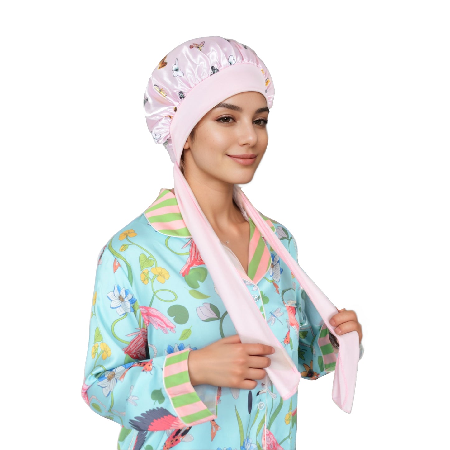 Women Silk Bonnet for Sleeping Satin Hair Bonnet with Butterfly Print and Adjustable Tie Band