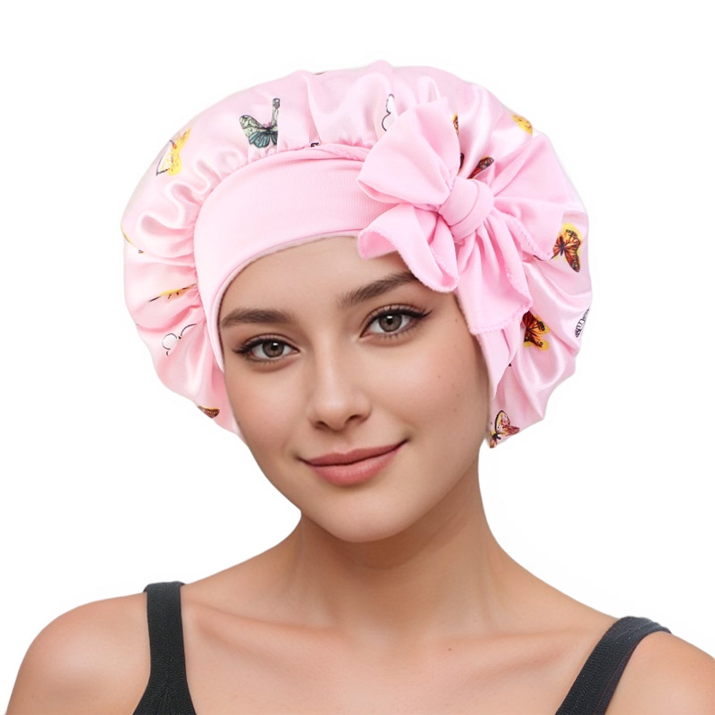 Women Silk Bonnet for Sleeping Satin Hair Bonnet with Butterfly Print and Adjustable Tie Band