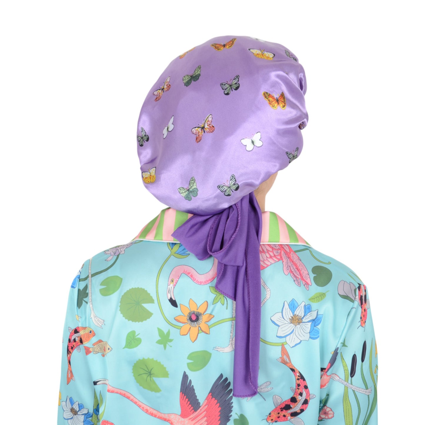 Women Silk Bonnet for Sleeping Satin Hair Bonnet with Butterfly Print and Adjustable Tie Band