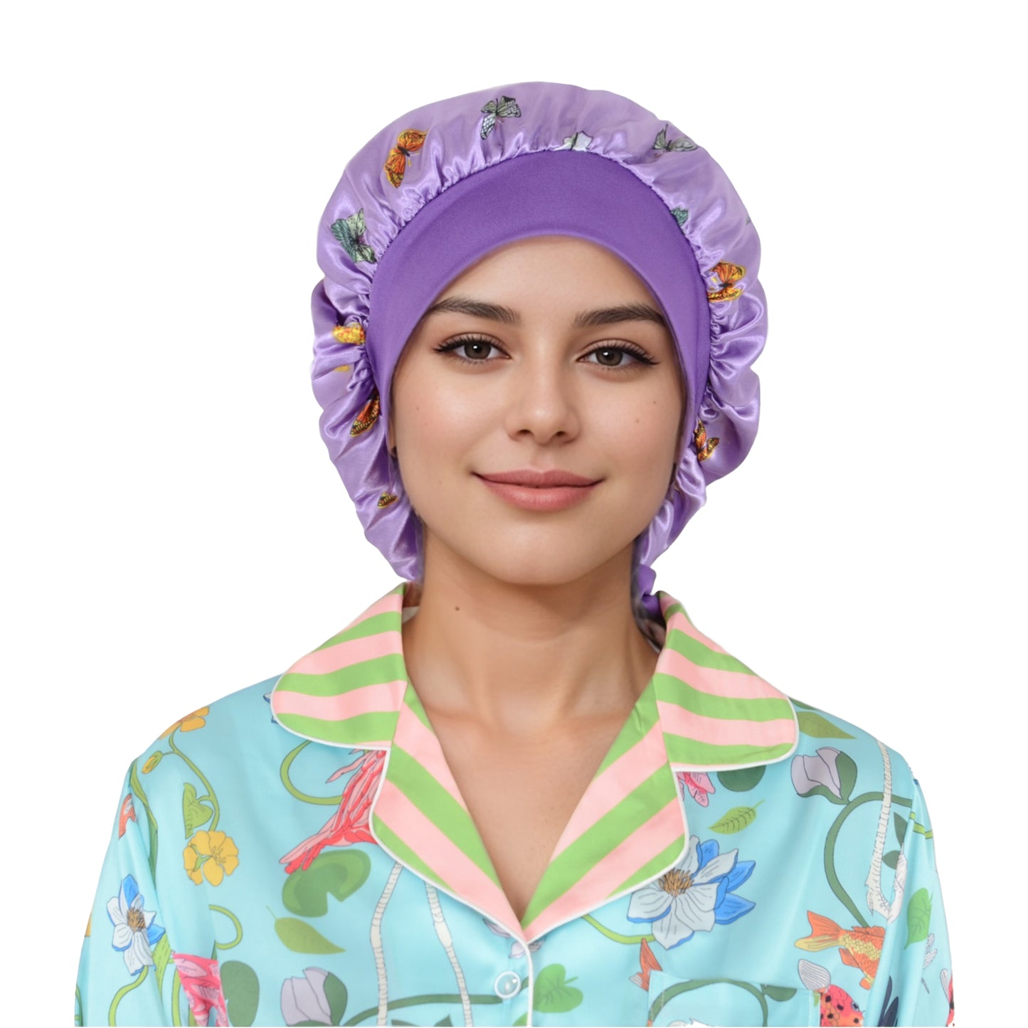 Women Silk Bonnet for Sleeping Satin Hair Bonnet with Butterfly Print and Adjustable Tie Band