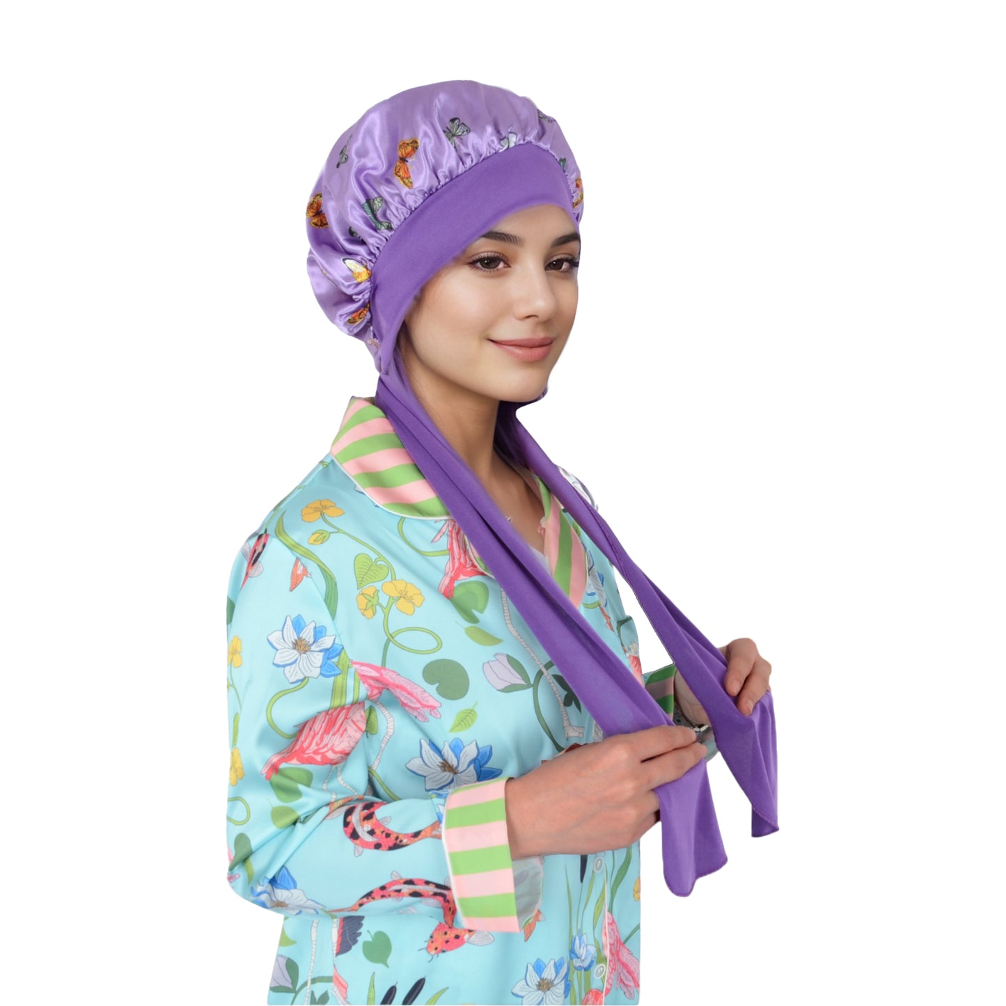 Women Silk Bonnet for Sleeping Satin Hair Bonnet with Butterfly Print and Adjustable Tie Band