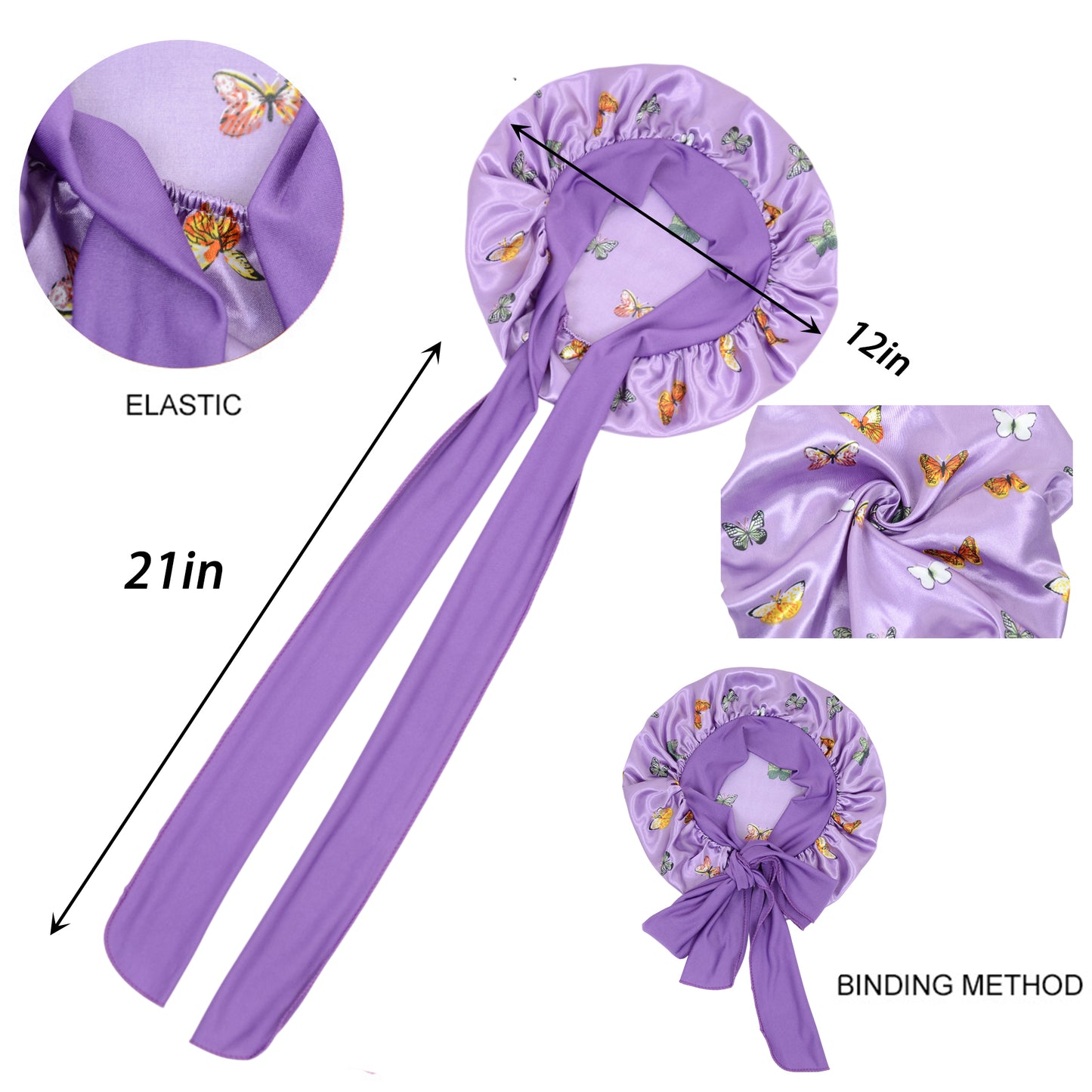 Women Silk Bonnet for Sleeping Satin Hair Bonnet with Butterfly Print and Adjustable Tie Band