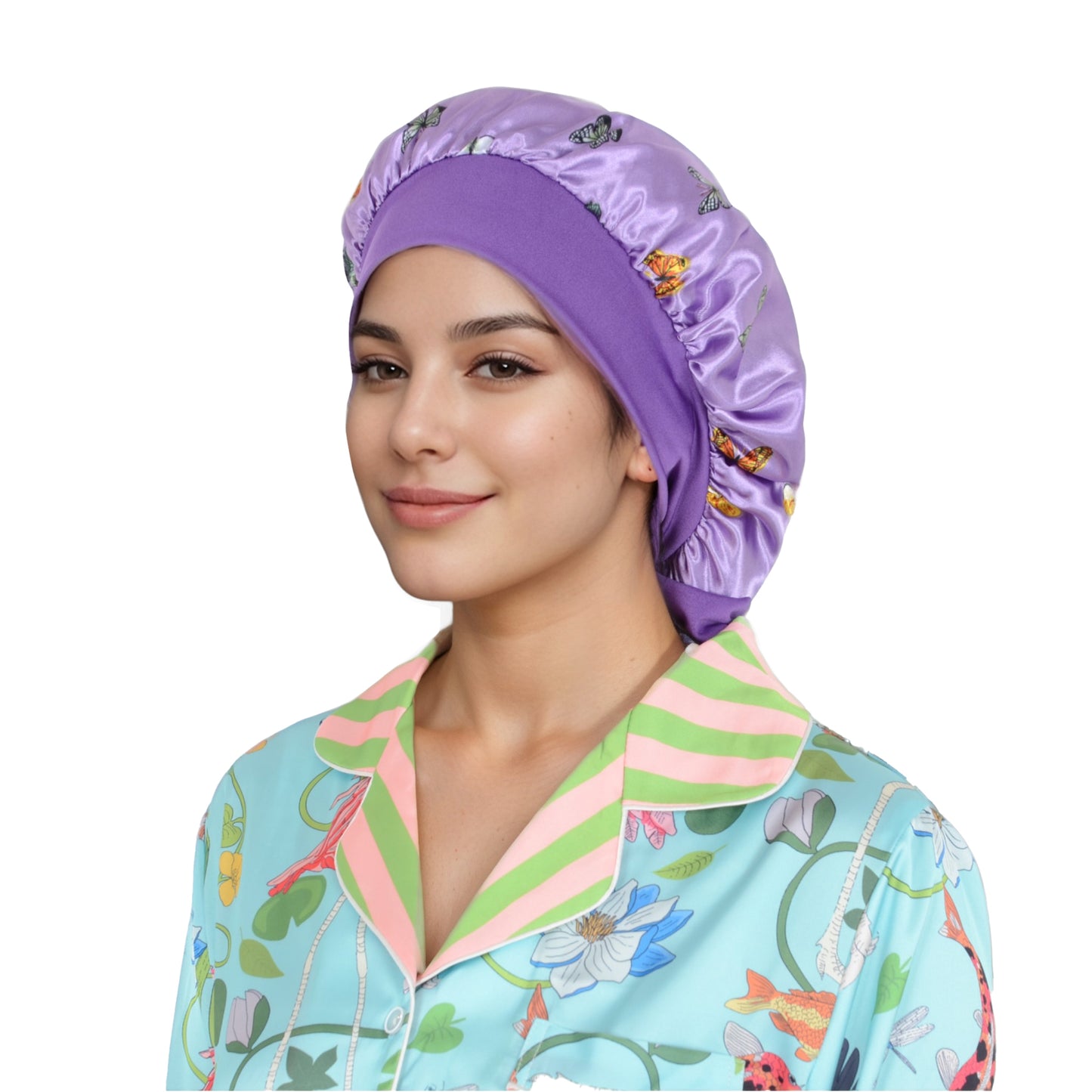 Women Silk Bonnet for Sleeping Satin Hair Bonnet with Butterfly Print and Adjustable Tie Band