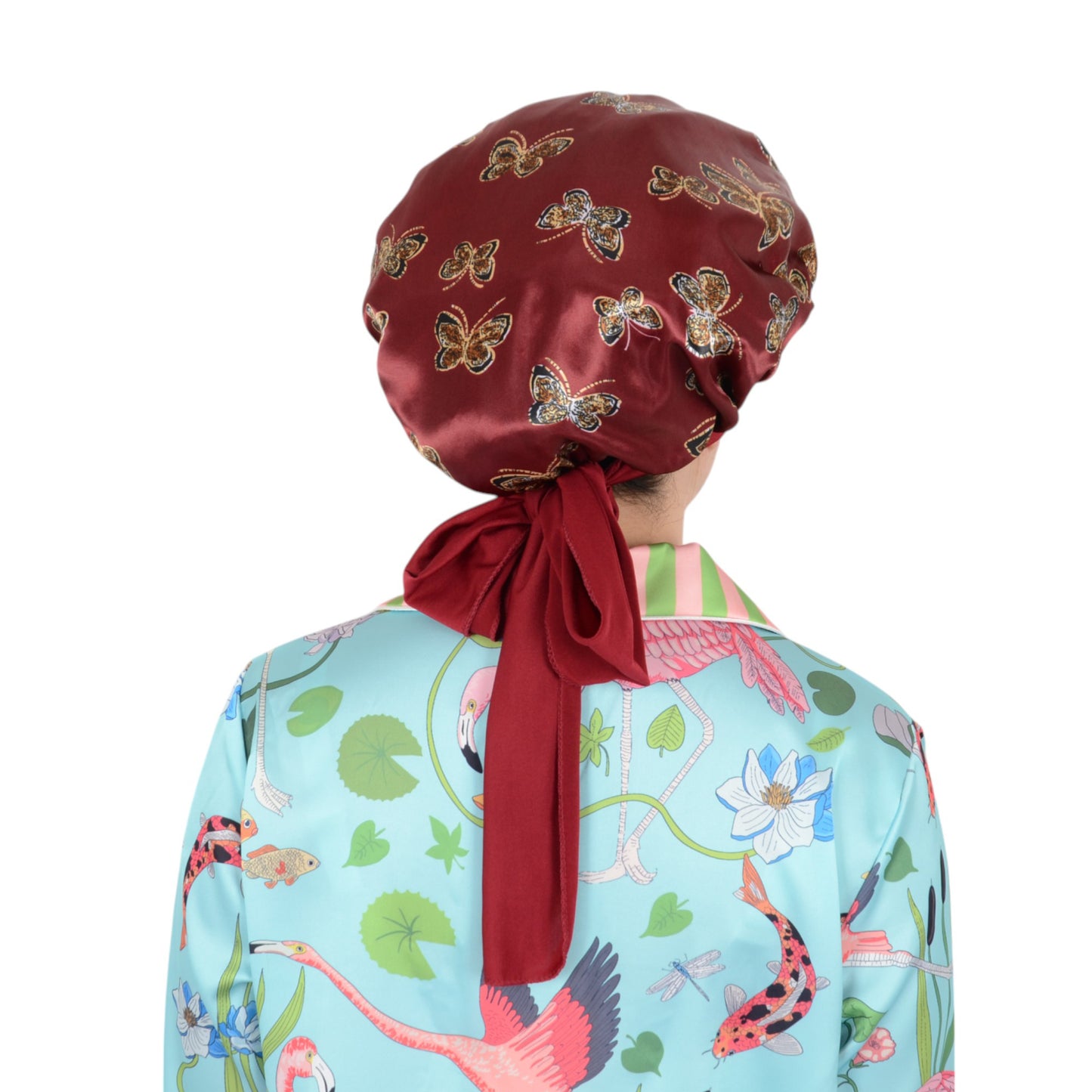 Women Silk Bonnet for Sleeping Satin Hair Bonnet with Butterfly Print and Adjustable Tie Band