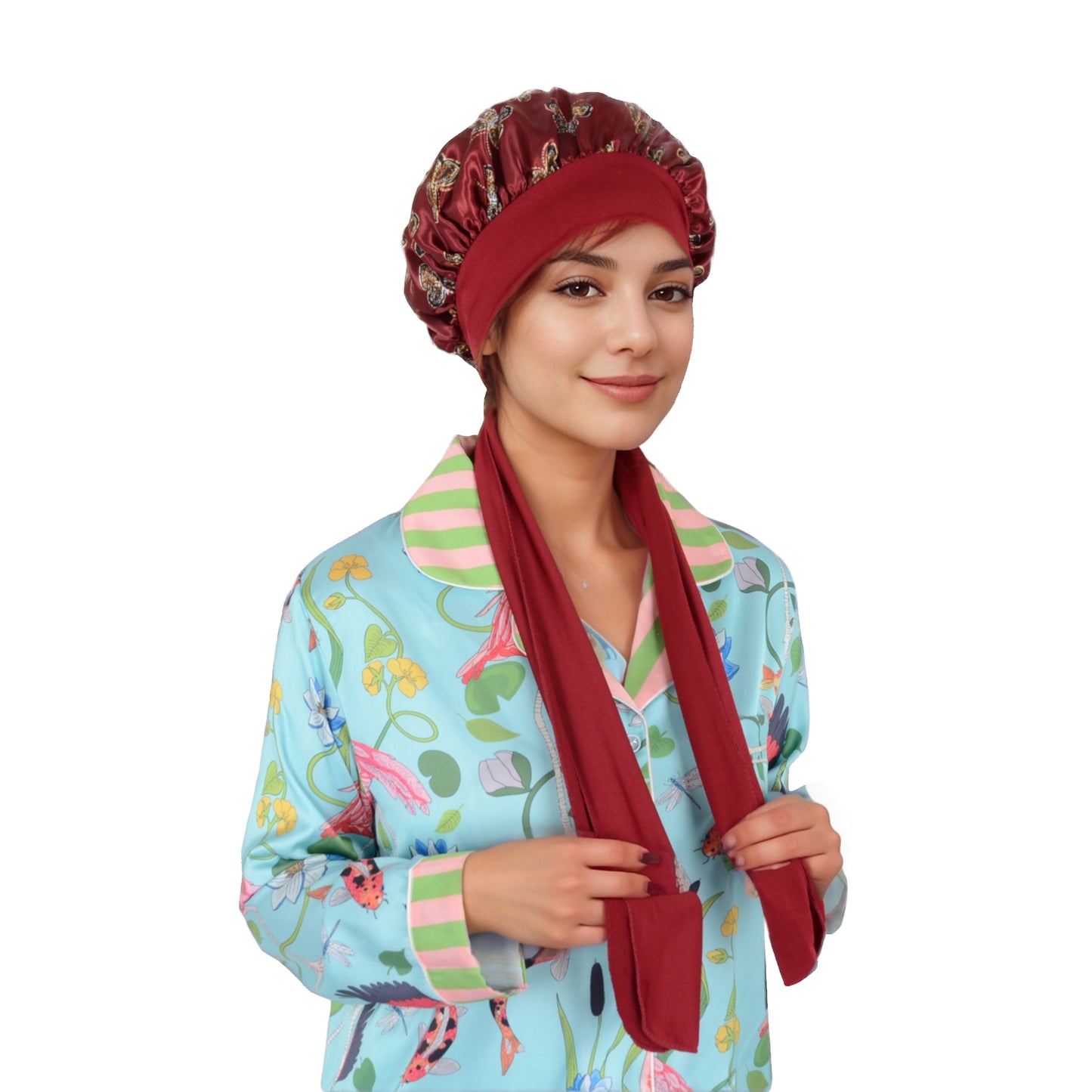 Women Silk Bonnet for Sleeping Satin Hair Bonnet with Butterfly Print and Adjustable Tie Band